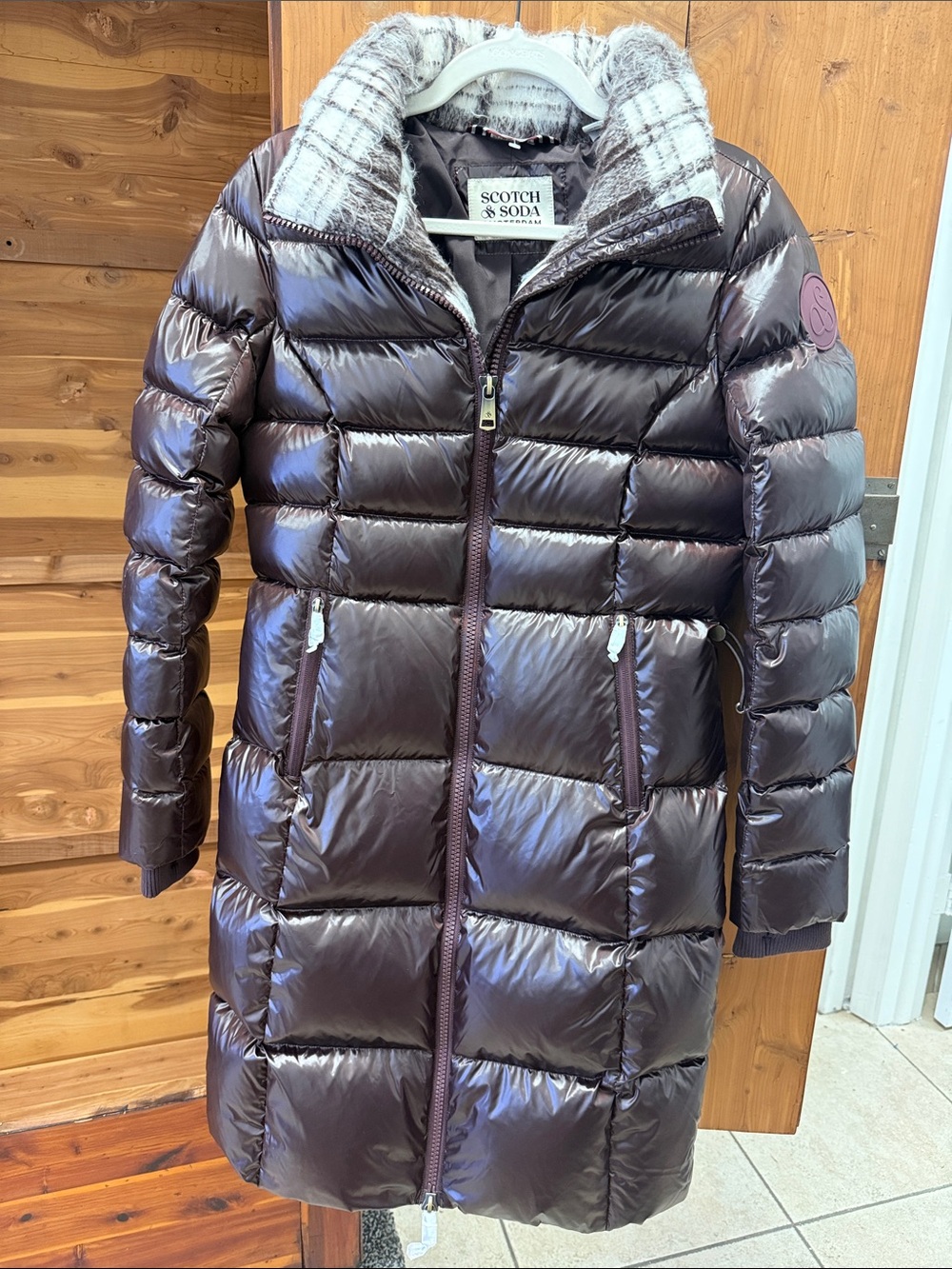 Scotch & Soda Shiny Brown Quilted Long Puffer Coat